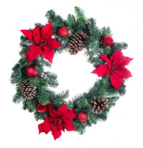 47802121 - poinsettia flower christmas wreath isolated on white background.